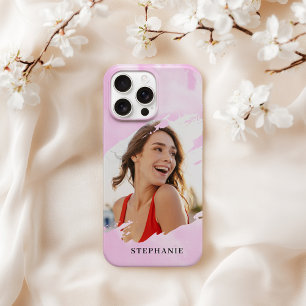 Pink Watercolor Wash Personalized Photo with Name iPhone 16 Pro Max Case