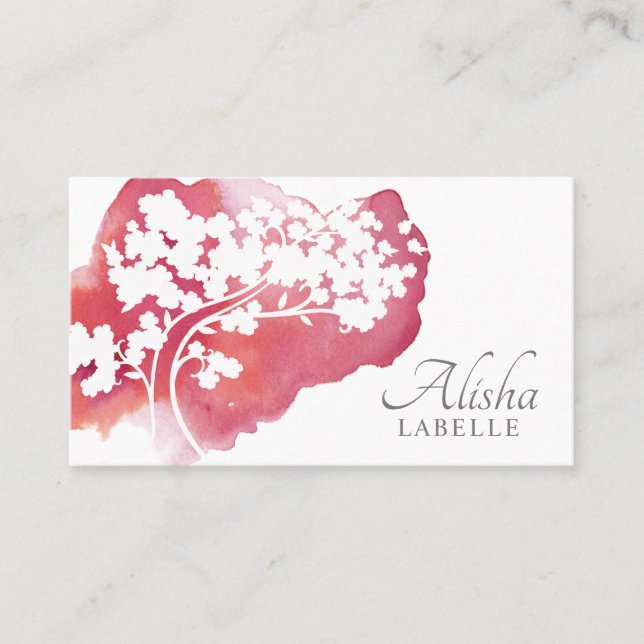 Pink Watercolor Wash & Pretty Cherry Blossom Tree Business Card (Front)