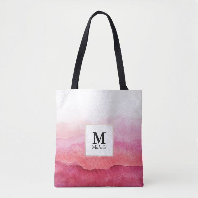 Pink Watercolor Waves Monogram Tote Bag (Front)