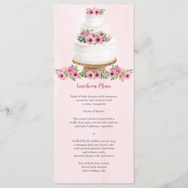 Pink Watercolor Wedding Cake Menu (Front)