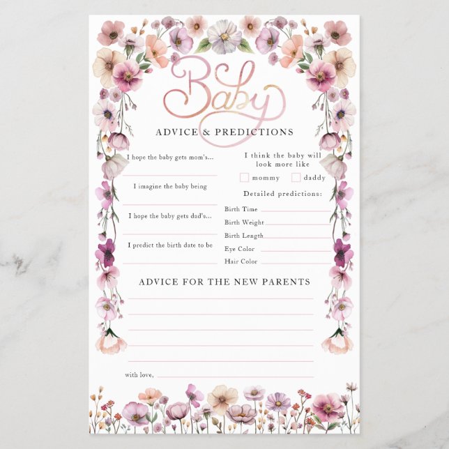Pink Watercolor Wildflower Baby Shower Advice Card (Front)