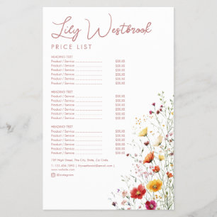 Pink Watercolor Wildflower Elegant Service Menu