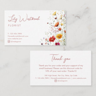 Pink Watercolor Wildflower Elegant Thank You Business Card