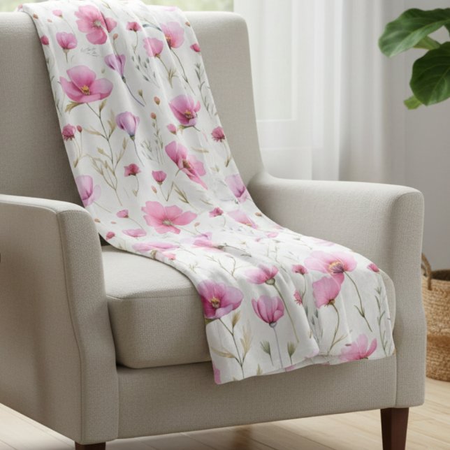 Pink Watercolor Wildflower  Fleece Blanket (Creator Uploaded)