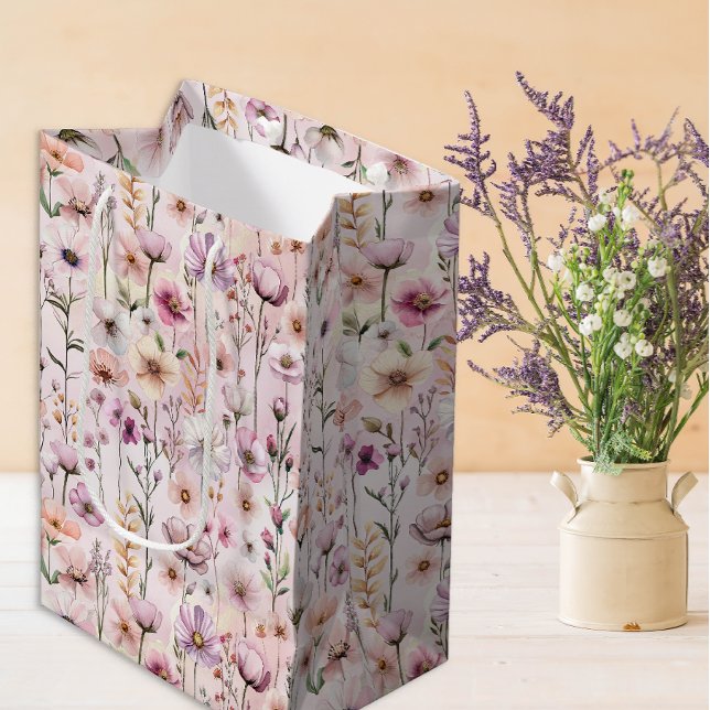 Pink Watercolor Wildflower Gift Bag – Dusty Floral (Floral Gift Bag)
