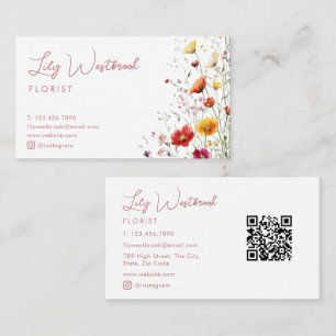 Pink Watercolor Wildflower Modern Elegant Script Business Card