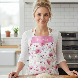 Pink Watercolor Wildflower Monogram Name Apron