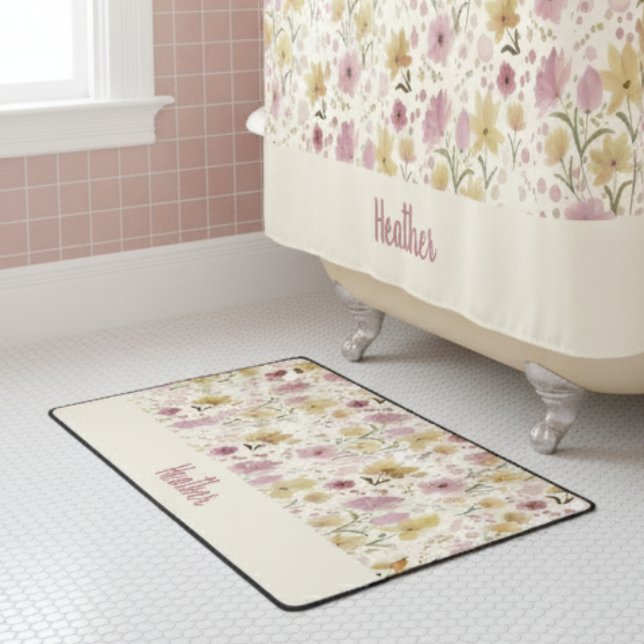 Pink Watercolor Wildflower Monogram Name Bath Mat (Creator Uploaded)