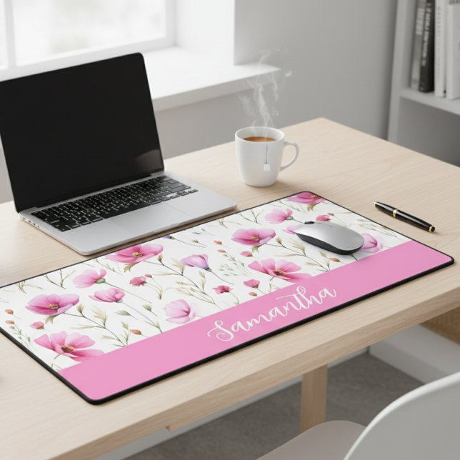 Pink Watercolor Wildflower Monogram Name Desk Mat (Creator Uploaded)