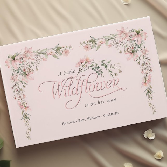 Pink watercolor wildflower themed baby girl shower guest book (watercolor pink flower and greenery, little wildflower themed baby girl shower guest book.)