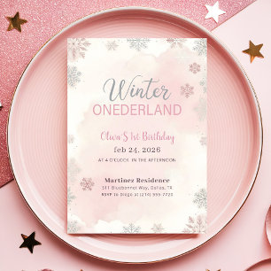 Pink Watercolor Winter Wonderland First Birthday Invitation