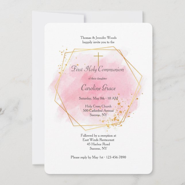 Pink Watercolor With Gold Frame Invitation (Front)
