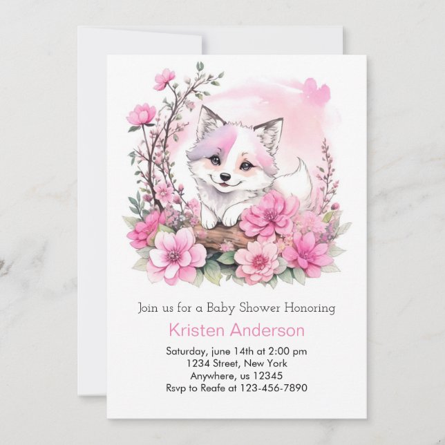 Pink Watercolor Wolf Bliss Girl Baby Shower Invitation (Front)