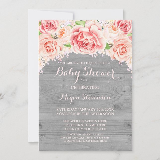 Pink Watercolor Wood Baby Shower Invitation (Back)