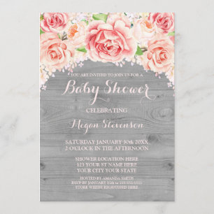 Pink Watercolor Wood Baby Shower Invitation