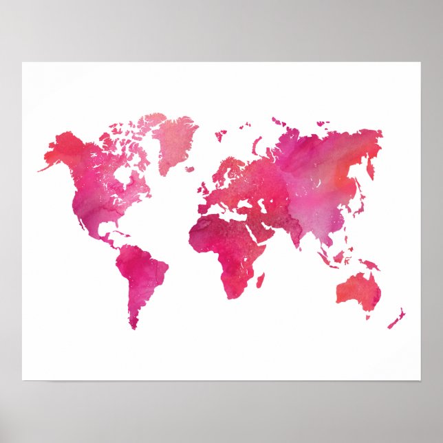 Pink Watercolor World Map Poster (Front)