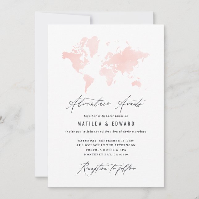 Pink watercolor world map wedding travel (Front)
