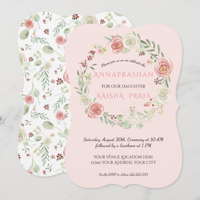 Pink Watercolor Wreath Annaprashan Baby Girl Invitation (Front/Back)