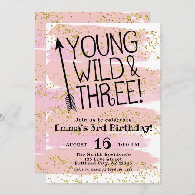 Pink Watercolor Young Wild & Three 3rd Birthday Invitation (Front/Back)