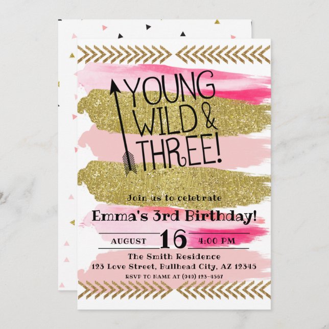 Pink Watercolor Young Wild & Three 3rd Birthday Invitation (Front/Back)