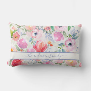 Pink watercolored florals family name script lumbar cushion