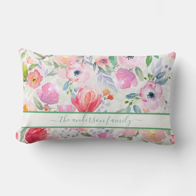 Pink watercolored florals family name script lumbar cushion (Front)