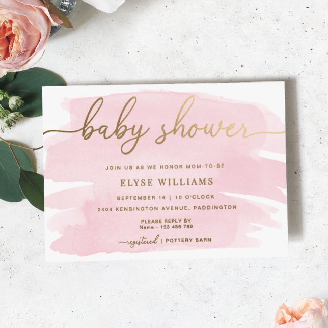 Pink Watercolour Baby Shower Gold Foil Invitation (Baby Shower Invitation - Pink Watercolour Gold Foil )