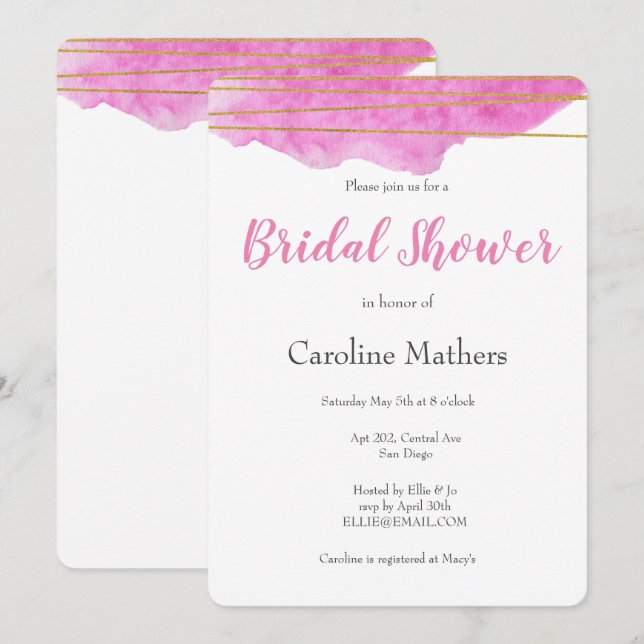 Pink Watercolour Bridal Shower Invitation (Front/Back)