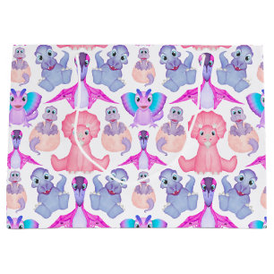 Pink Watercolour Dinosaur Birthday Baby Shower Large Gift Bag