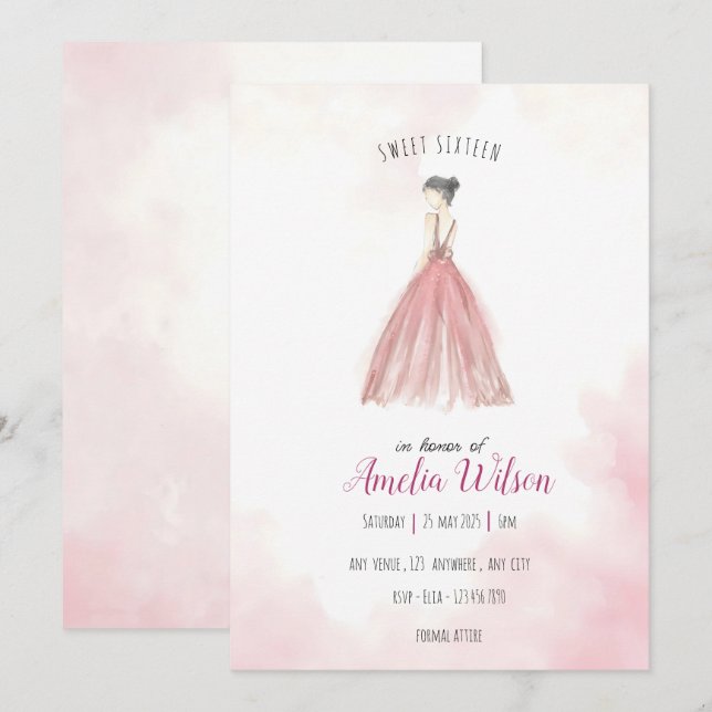 Pink Watercolour & Glitter Sweet 16 Birthday Party Invitation (Front/Back)