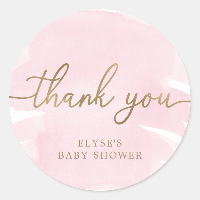 Pink Watercolour Gold Baby Shower Favour Sticker (Thank You Pink Watercolour Gold Sicker )