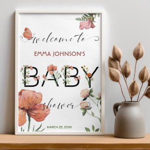 Pink Watercolour Poppies Baby Shower Welcome Poster