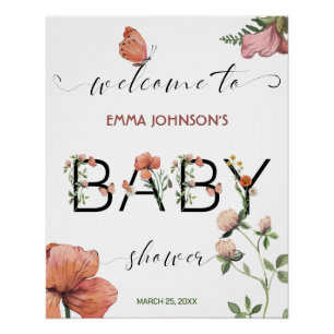 Pink Watercolour Poppies Baby Shower Welcome Poster