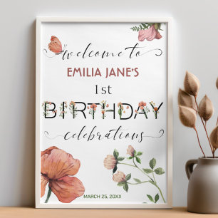 Pink Watercolour Poppies Birthday Party Welcome Poster