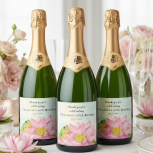  Pink Waterlily & Tree Frog Birthday Any Age Sparkling Wine Label