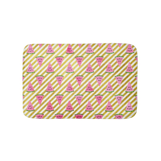 Pink Watermelon and Yellow Stripe Summer Pattern Bath Mat (Front)