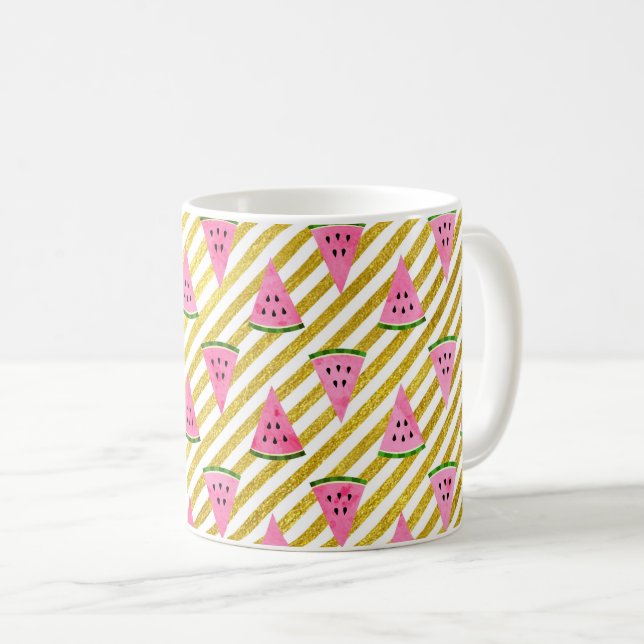Pink Watermelon and Yellow Stripe Summer Pattern Coffee Mug (Front Right)