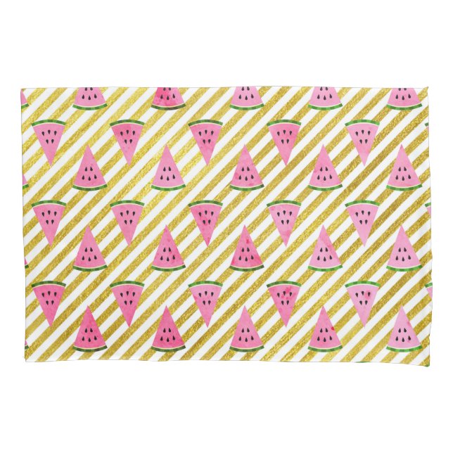 Pink Watermelon and Yellow Stripe Summer Pattern Pillowcase (Front)
