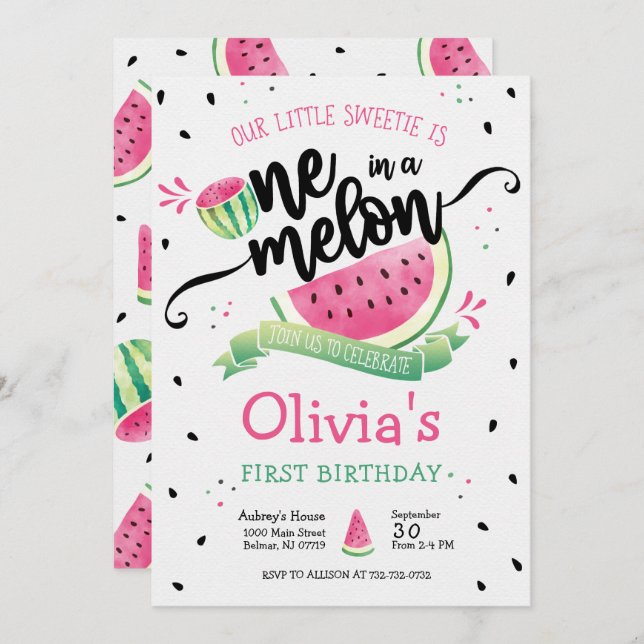 Pink Watermelon First Birthday Invitation (Front/Back)