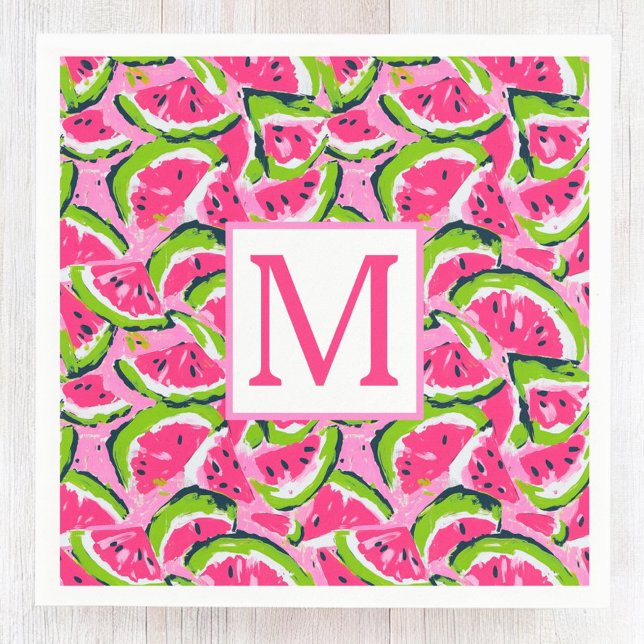 Pink Watermelon Fruit Slices Pattern Monogram Napkin (Creator Uploaded)