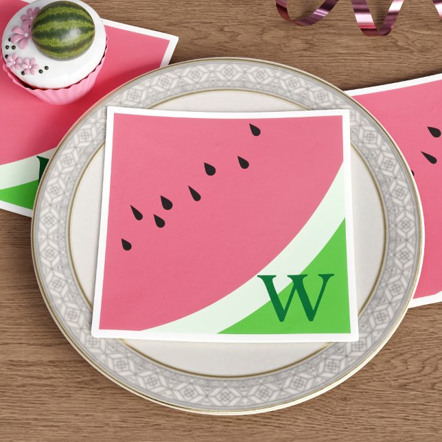 Pink Watermelon Monogram Summer Party Napkins (Spice up your summer soirées with these adorable Pink Watermelon Monogram Party Napkins)