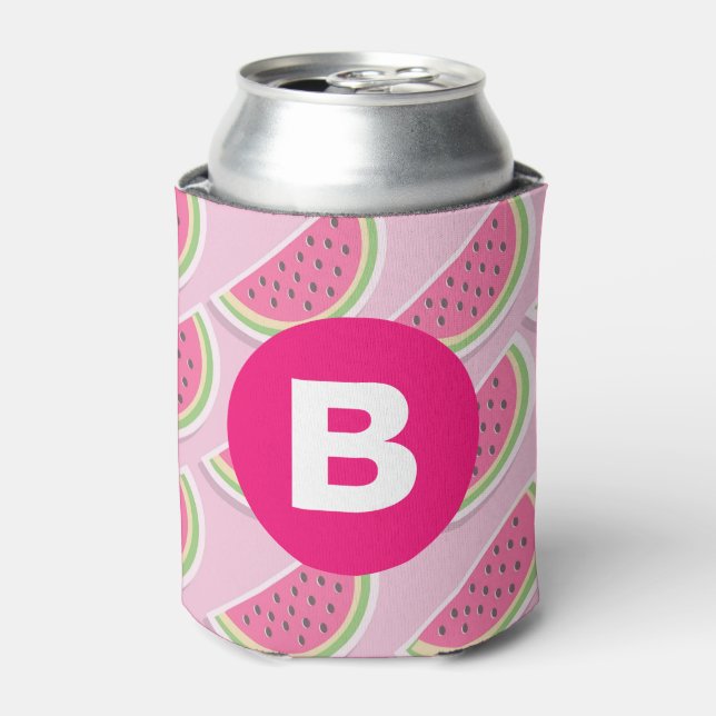 Pink Watermelon Pattern Circle Monogram Can Cooler (Can Front)