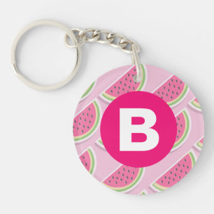 Pink Watermelon Pattern Circle Monogram Key Ring