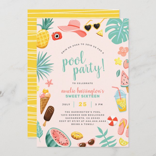 Pink | Watermelon Pineapple Tropical Pool Party Invitation (Front/Back)