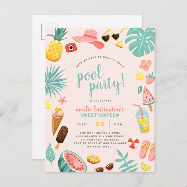 Pink | Watermelon Pineapple Tropical Pool Party Invitation Postcard (Front/Back)