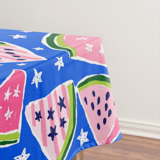 Pink Watermelon Stars Patriotic Summer Blue Party Tablecloth (In Situ)