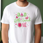 Pink watermelon themed girl 1st birthday, Dad's T-Shirt<br><div class="desc">Celebrate the joyous occasion of your baby girl's first summer with PixeliaDesigns "Watermelon Summer 1st Birthday, Dad's" shirt. This vibrant piece features a stunning watercolor pink melon design, complemented by whimsical calligraphy in a refreshing lime green, perfectly capturing the essence of summer. Tailored for dads, the shirt's bold red and...</div>