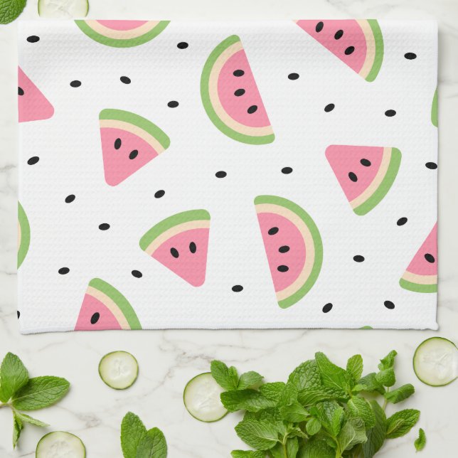 Pink Watermelons, Watermelon Seeds, Summer Pattern Tea Towel (Folded)