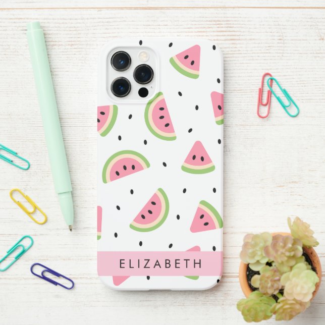 Pink Watermelons, Watermelon Seeds, Your Name iPhone Case (On Desk)