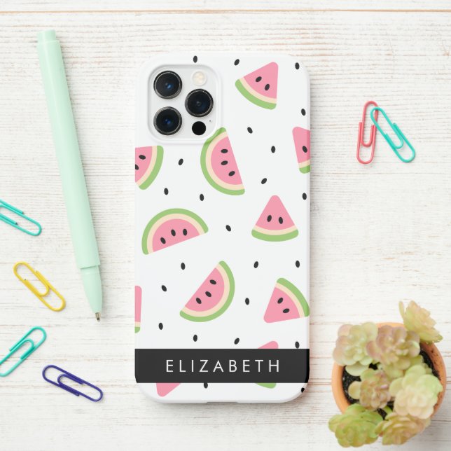 Pink Watermelons, Watermelon Seeds, Your Name iPhone Case (On Desk)